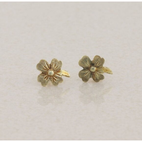 14k Yellow Gold Four Leaf Clover Earrings Stud Post 3/8" x 1/4" - Picture 1 of 9
